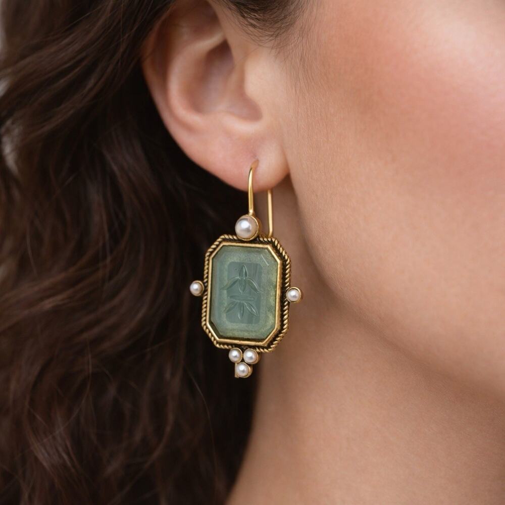 Museum Intaglio Earrings Pearl Gold Flower Victorian Boho Art Floral Geometric